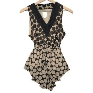 Line & Dot Blouse Womens S Black Polka Dot V Neck Sheer Tunic Handkerchief Hem